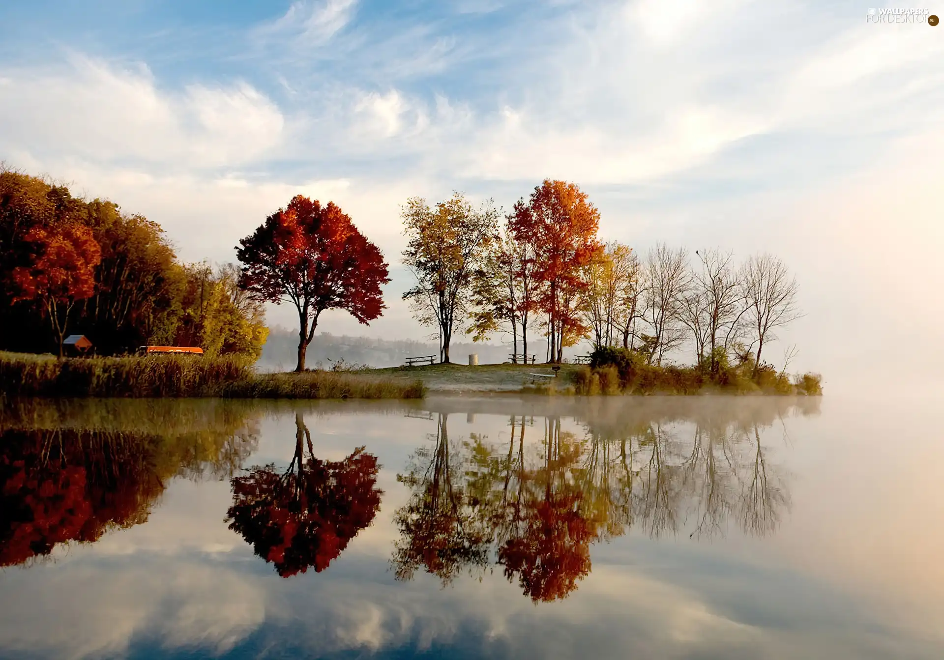 autumn, trees, viewes, lake - For desktop wallpapers: 1600x1119