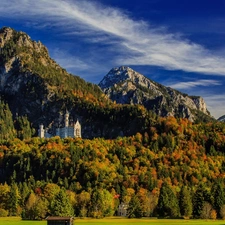 Castle, woods, autumn, Mountains