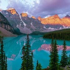 Lake Moraine, Banff National Park, reflection, Mountains, viewes, Province of Alberta, Canada, trees