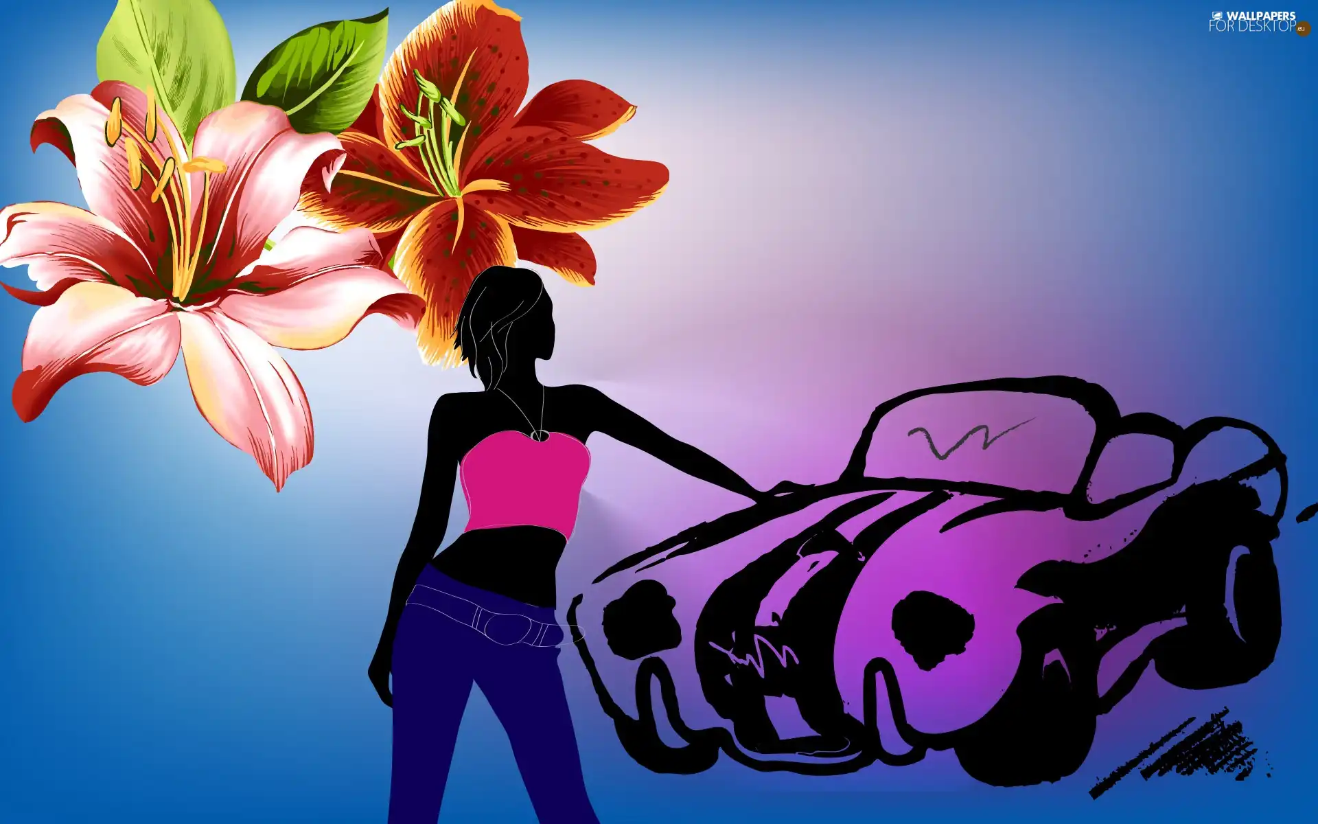 Automobile, graphics, lilies, girl, Flowers