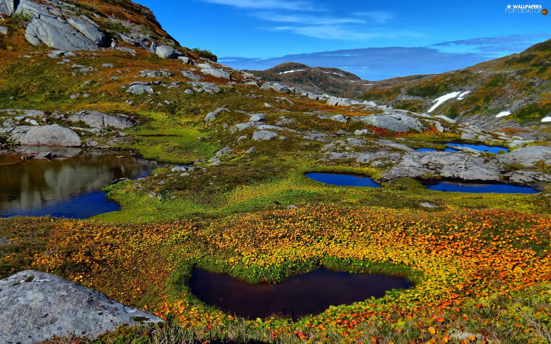 Mountains, ponds, autumn, rocks