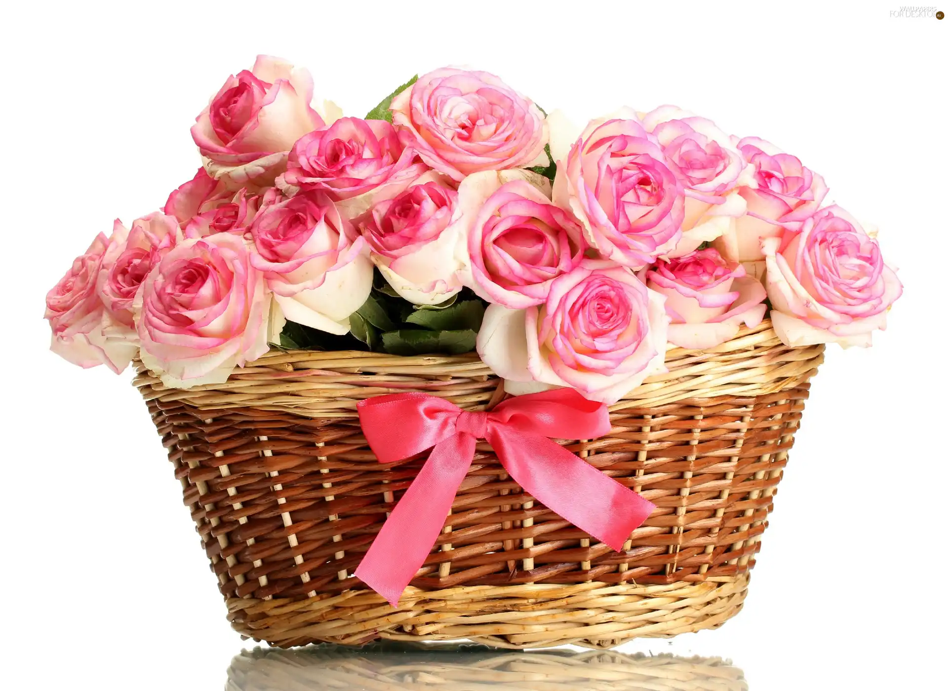 Pink, wicker, basket, roses - For desktop wallpapers: 2560x1866