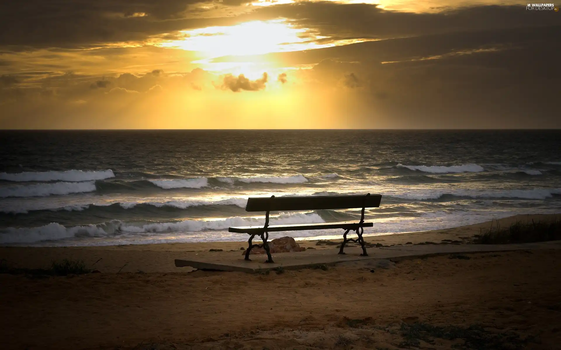 Beaches, horizon, Bench, sea