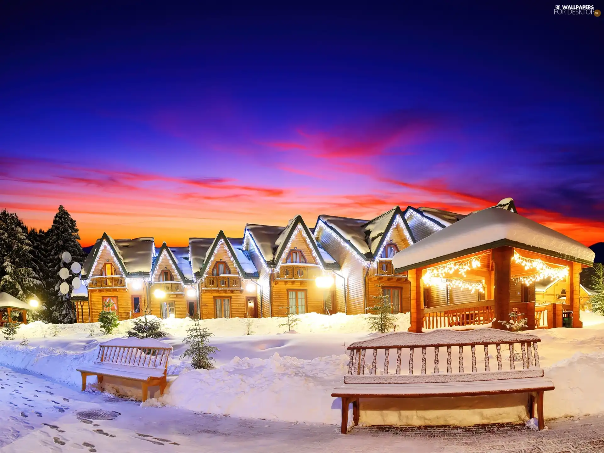 bench, Sky, Christmas, lighting, Houses