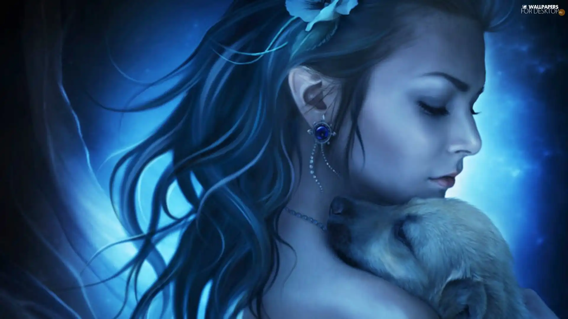 Blue, graphics, ear-ring, dog, Women