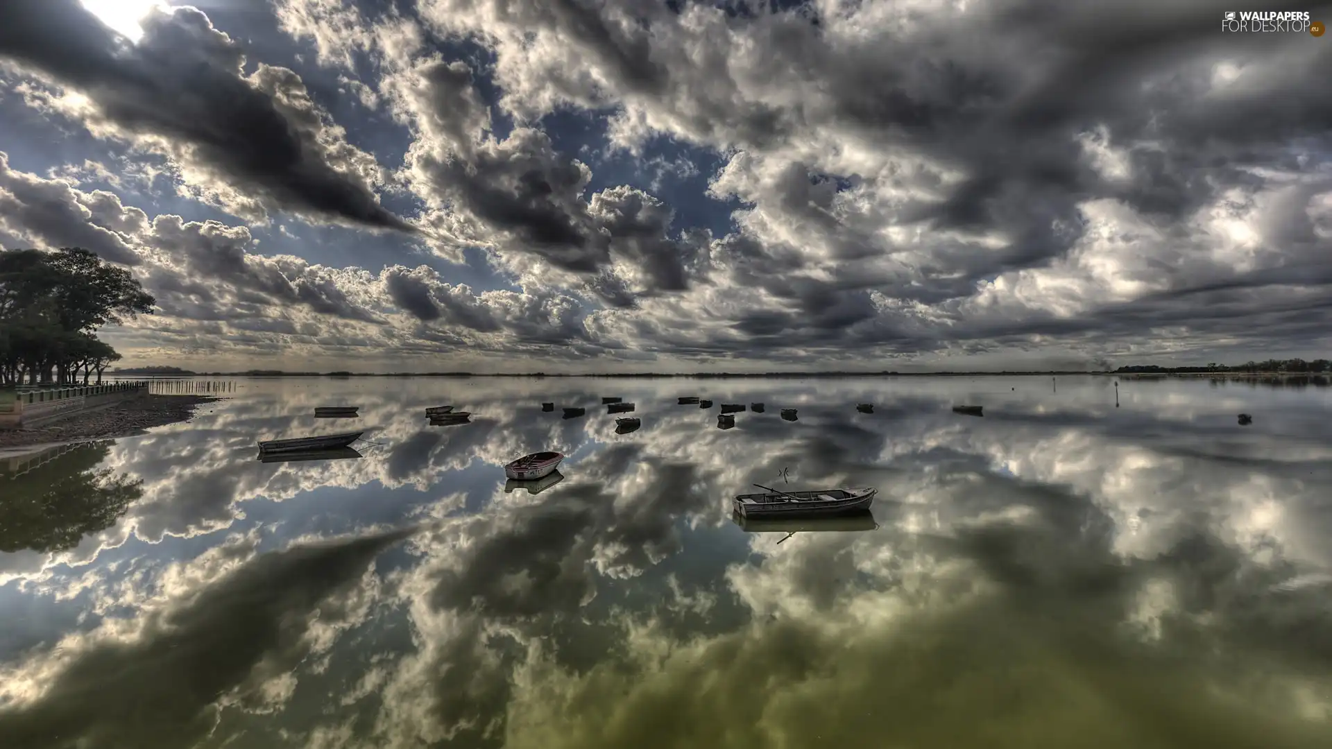 boats, dark, clouds