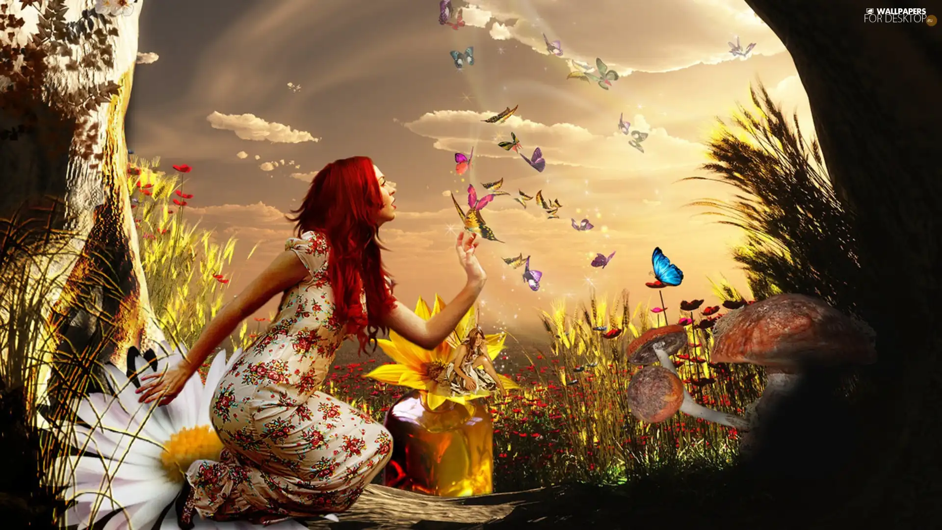 butterflies, girl, Flowers