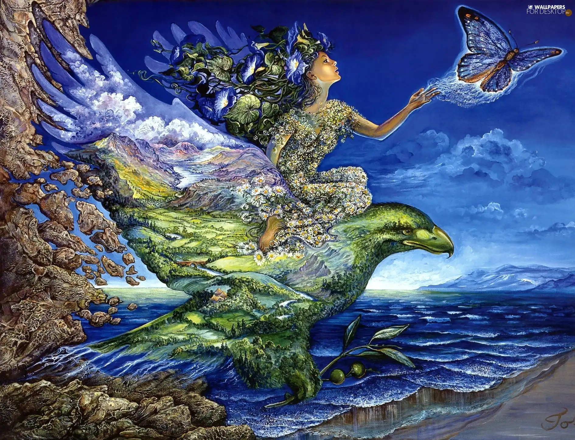 Women, sea, butterfly, Bird