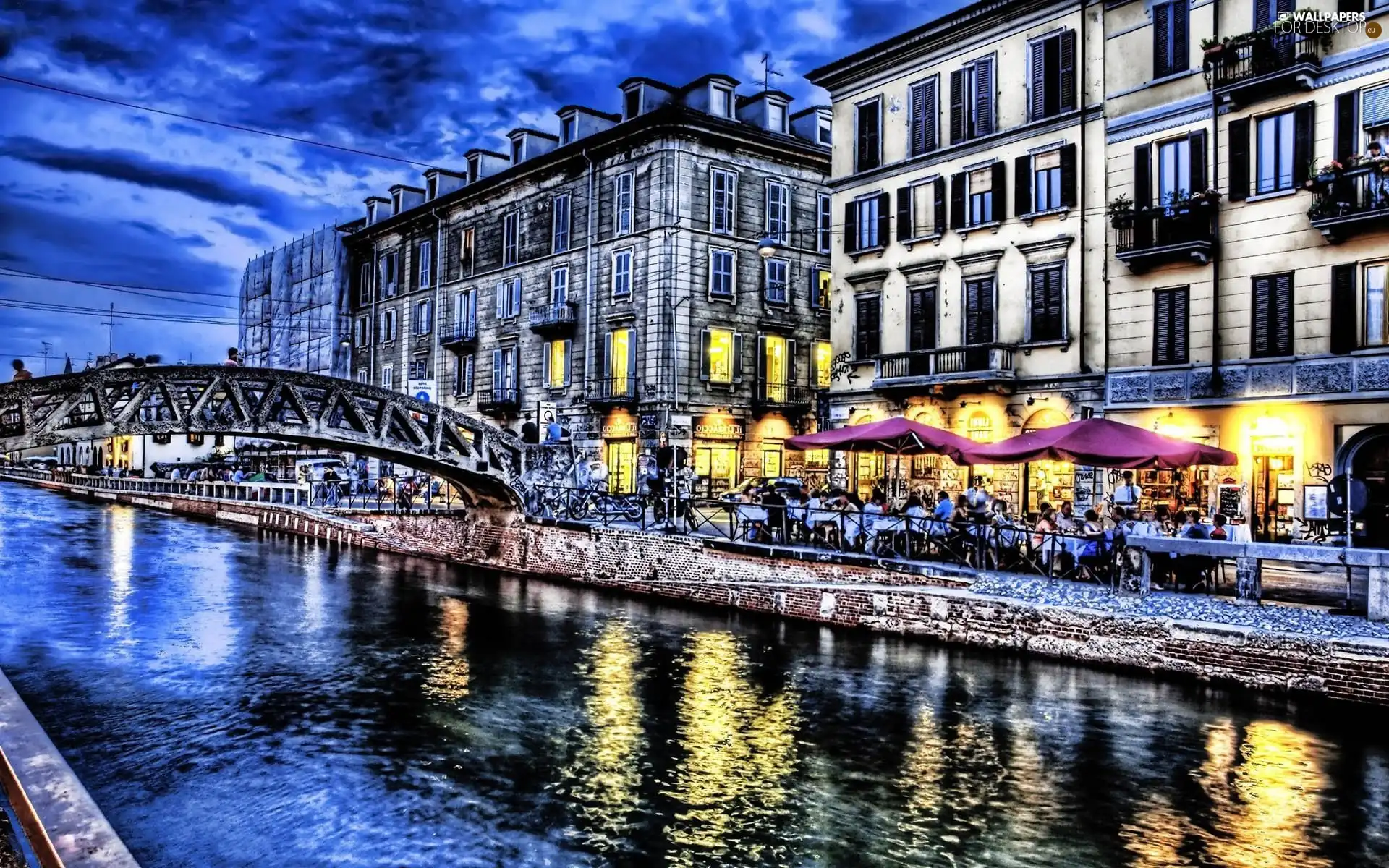 River, Houses, cafe, bridge