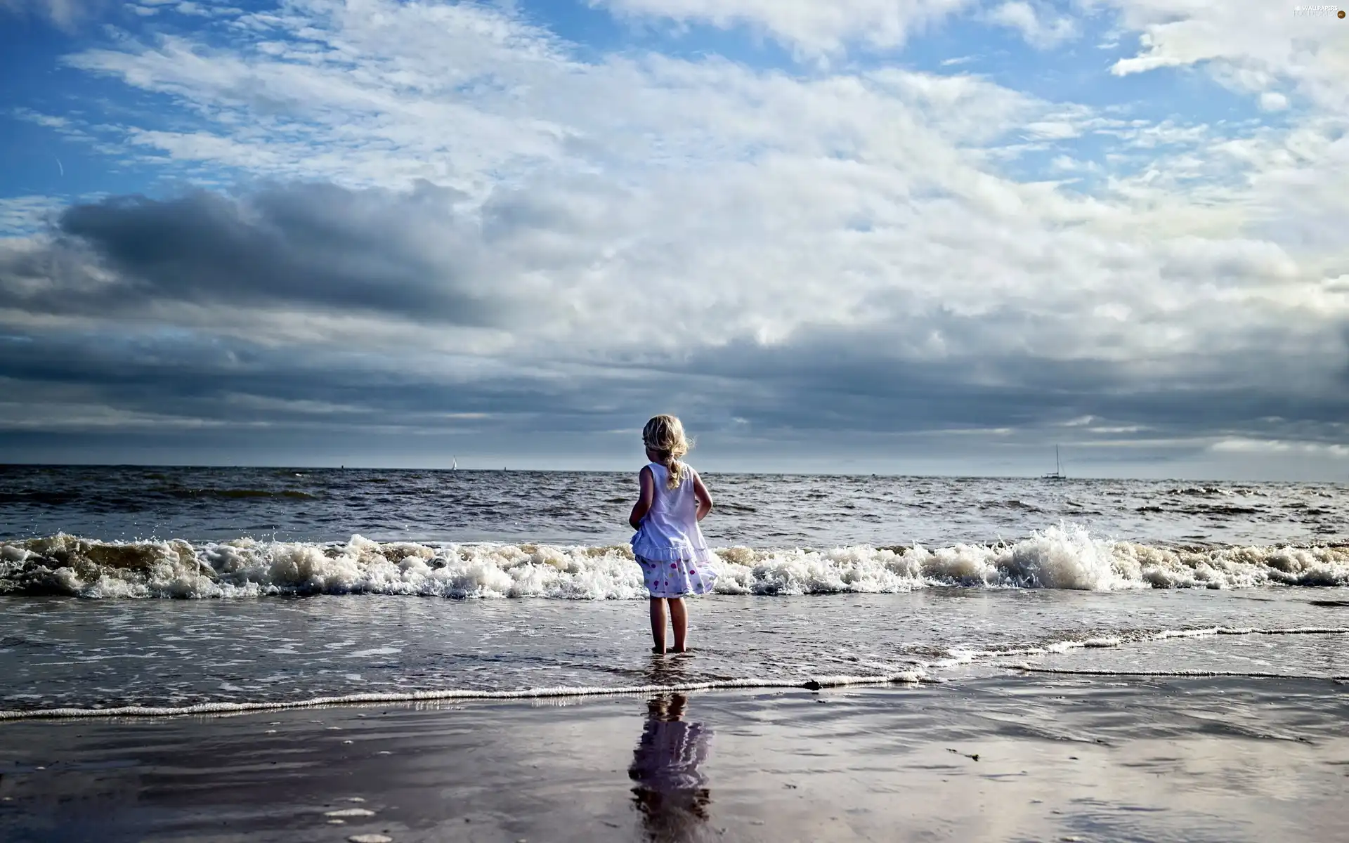 girl, Beaches, clouds, sea