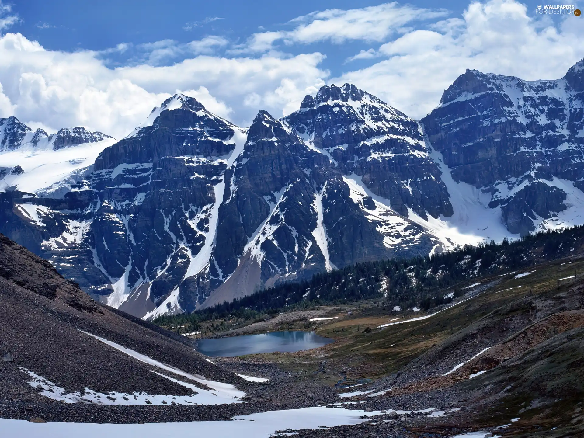 Mountains, height, clouds, snow