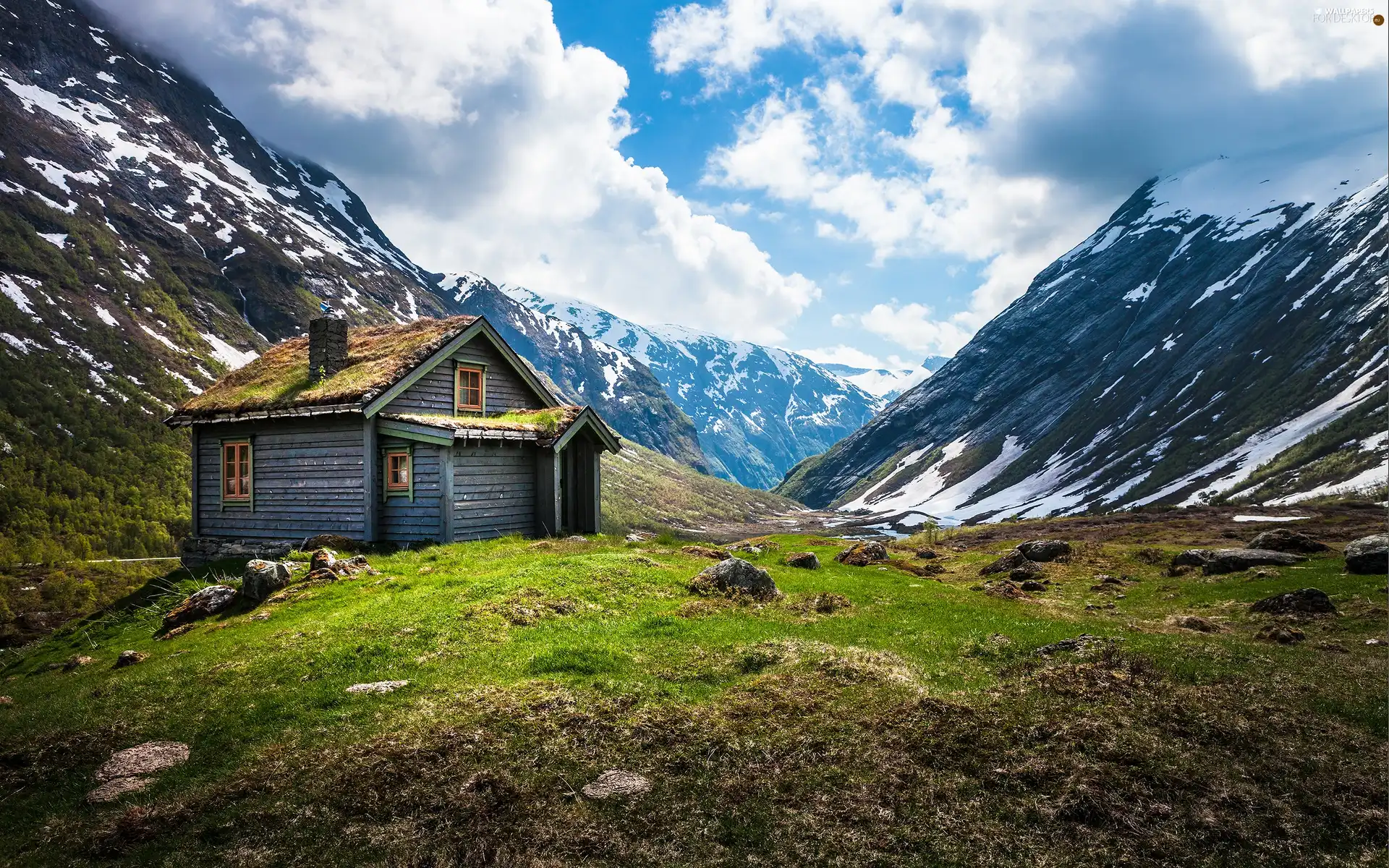 Mountains, house, clouds, Valley