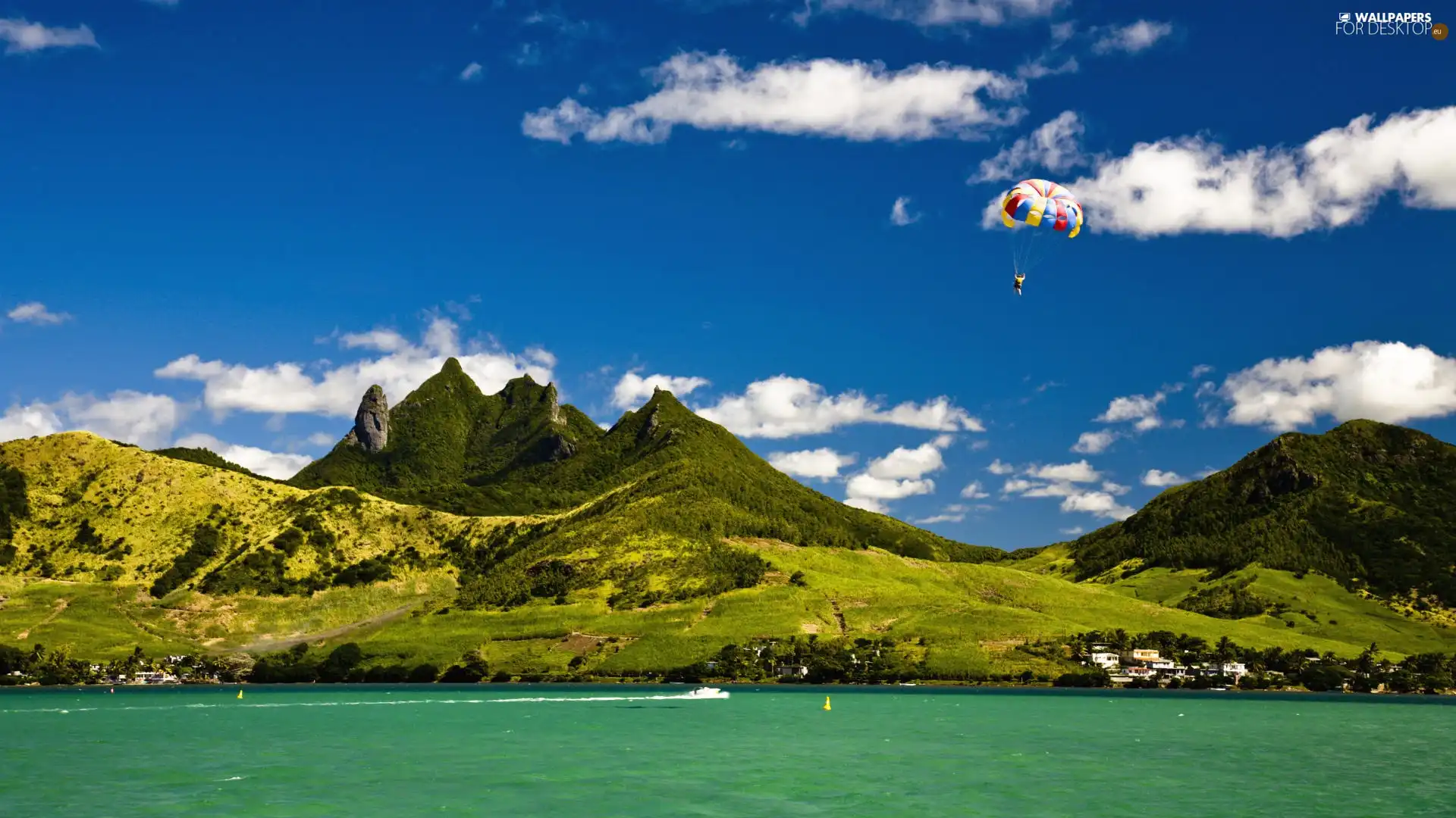 Mountains, parachutist, clouds, water