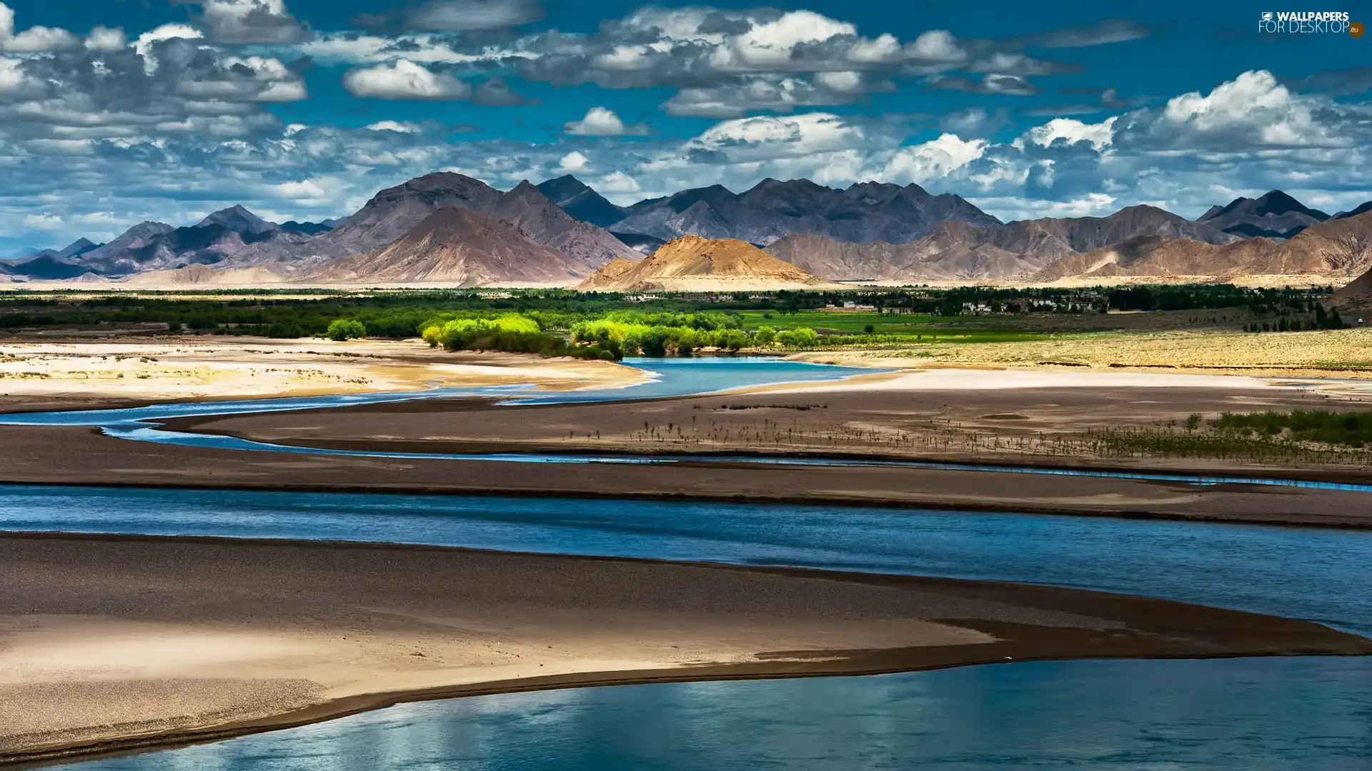 clouds, Mountains, River