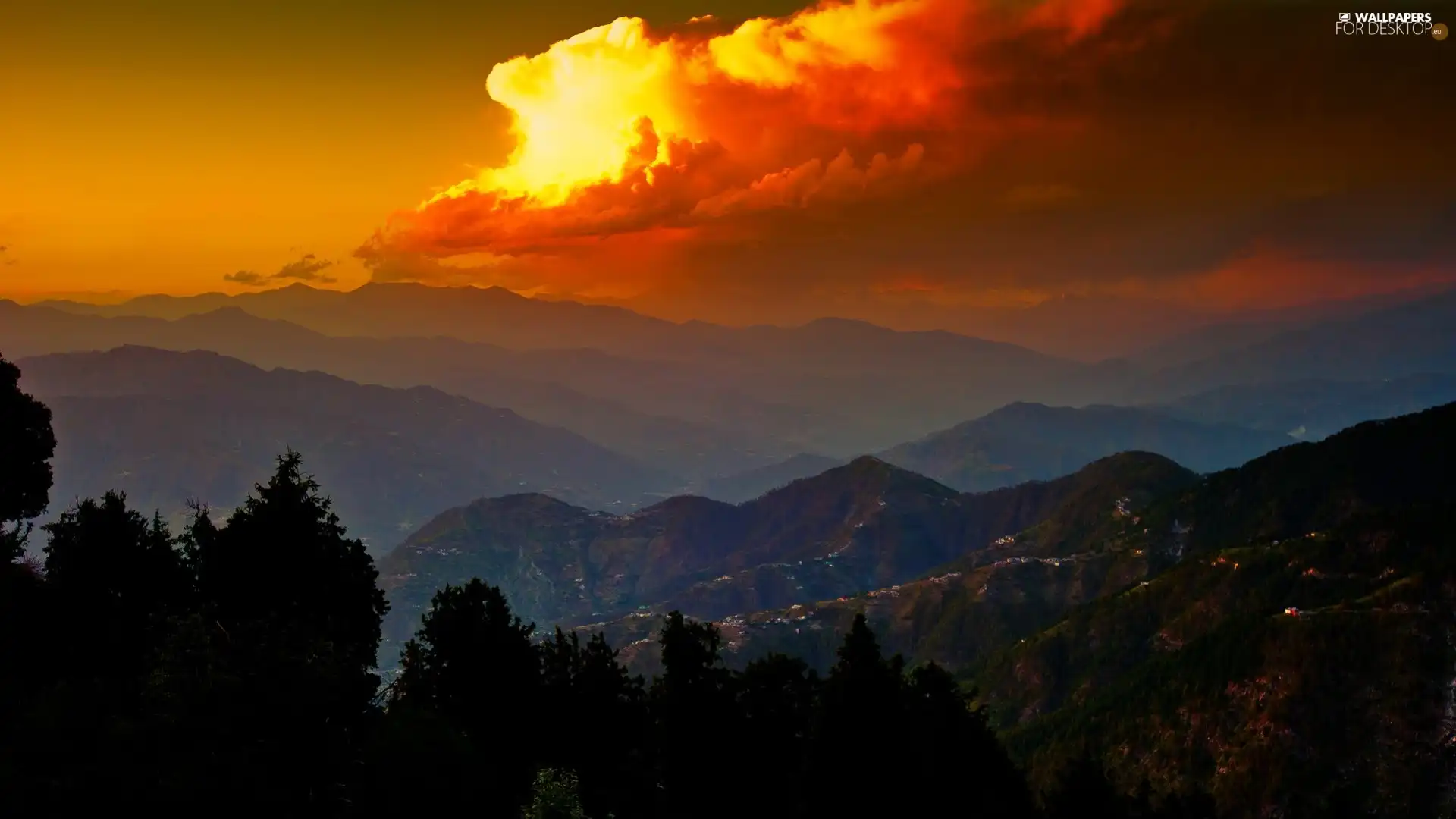 clouds, Sky, trees, viewes, Mountains