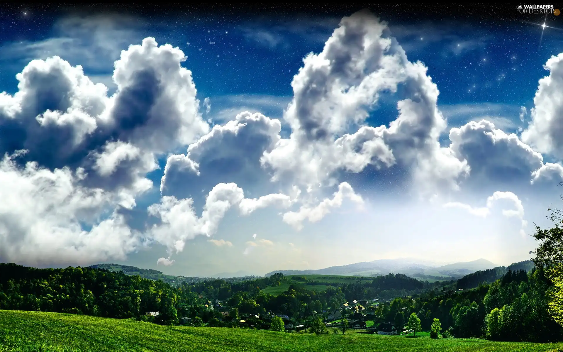 clouds, field, woods