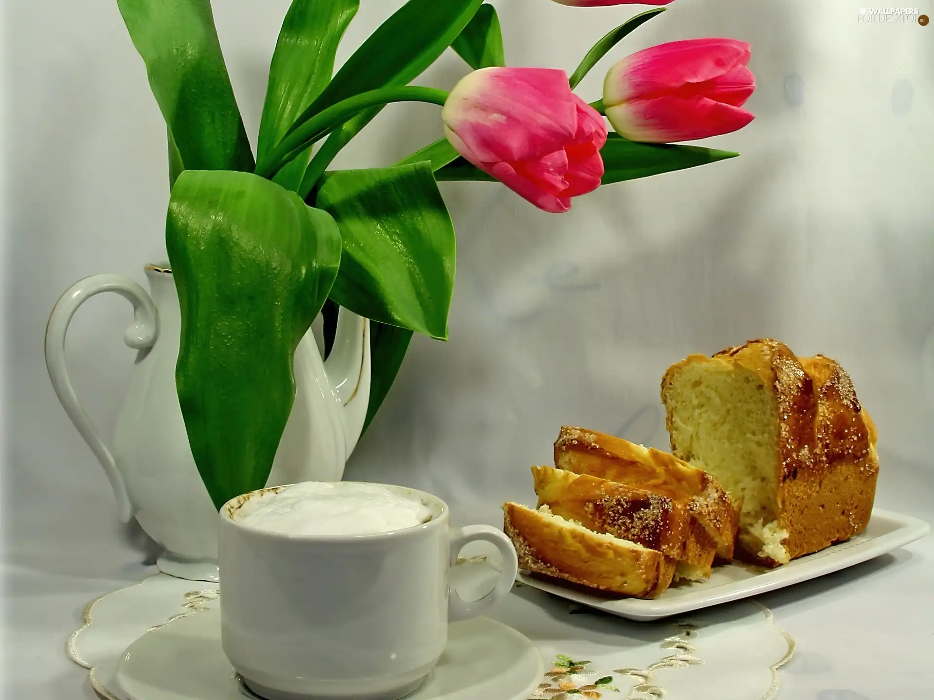 jug, cake, coffee, Tulips