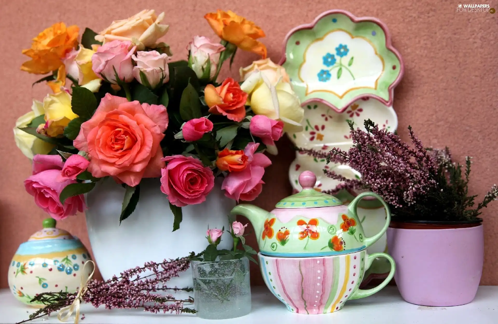 bouquet, dishes, composition, rouge