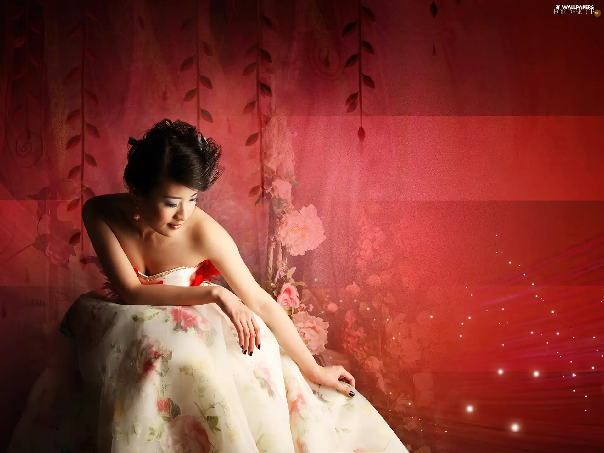 curtain, roses, Beauty, Dress, Women