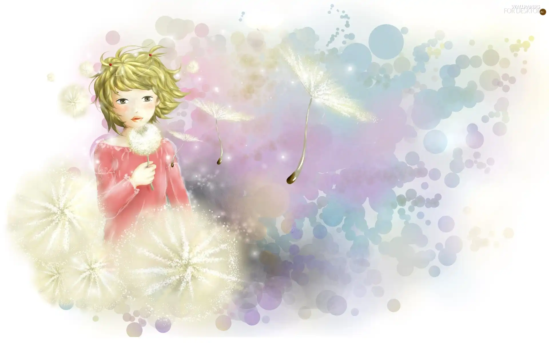 dandelions, girl, Wind