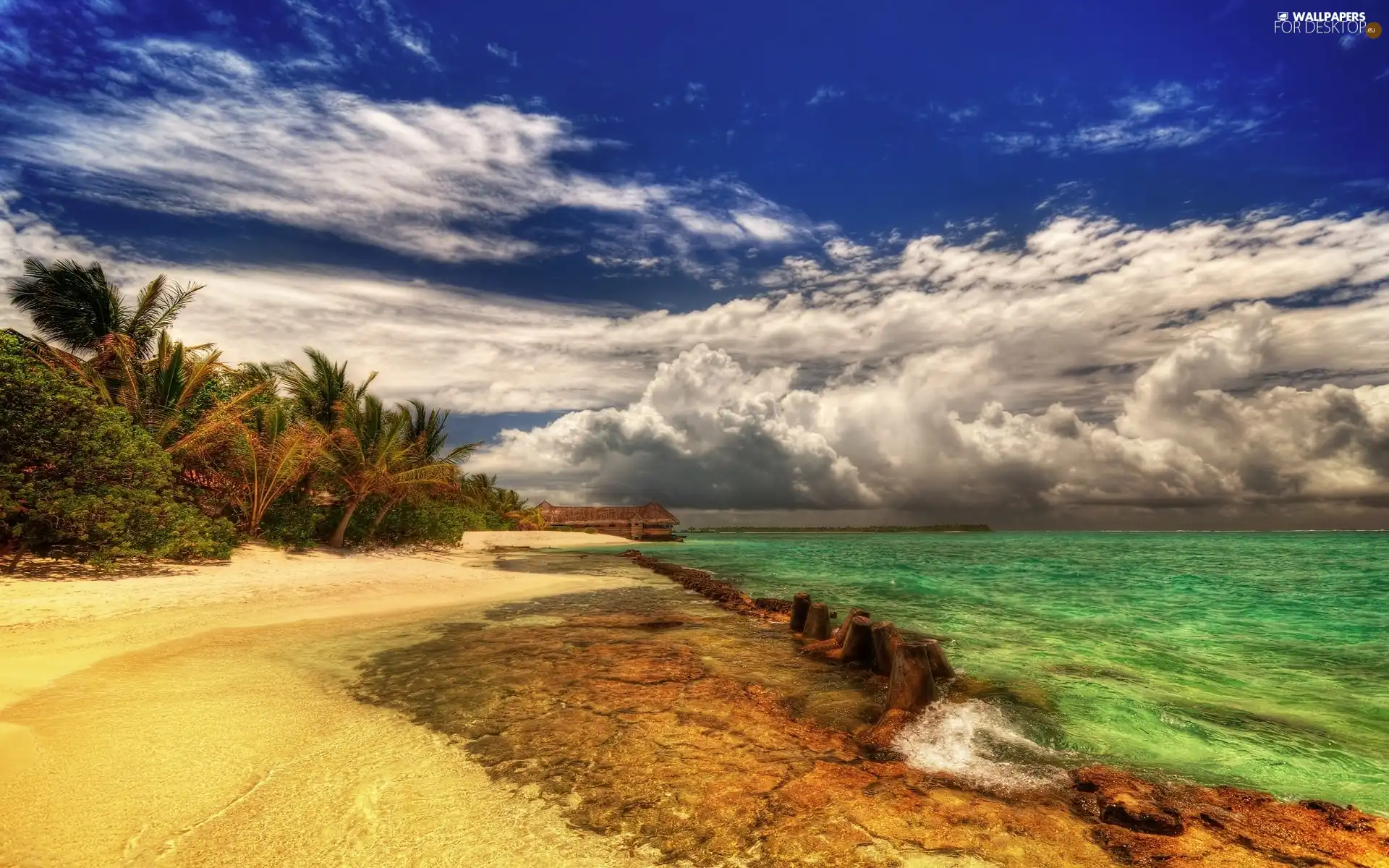 tile, Beaches, dark, clouds, Sea, Green