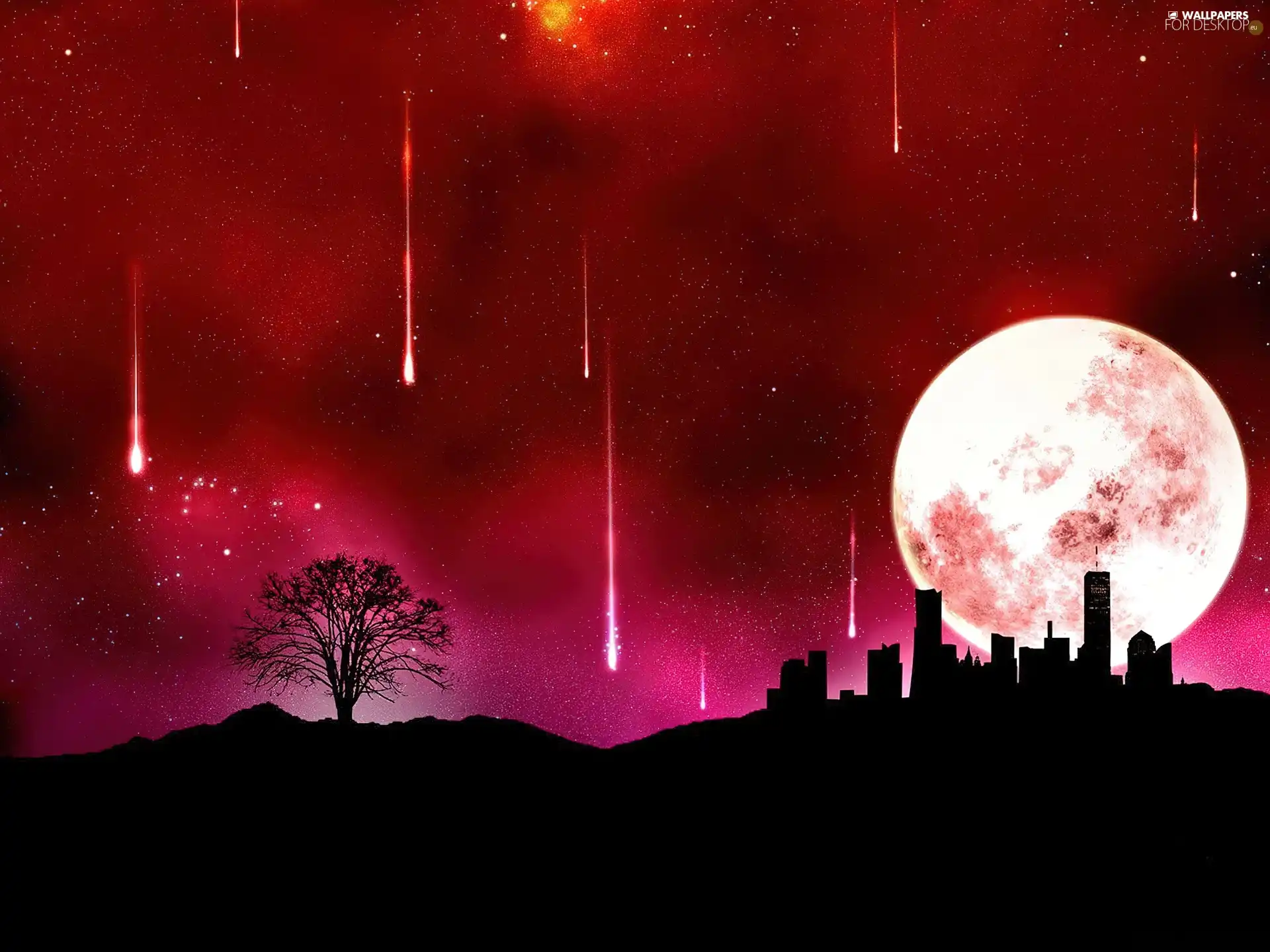 Town, Night, Falling, star, moon, trees