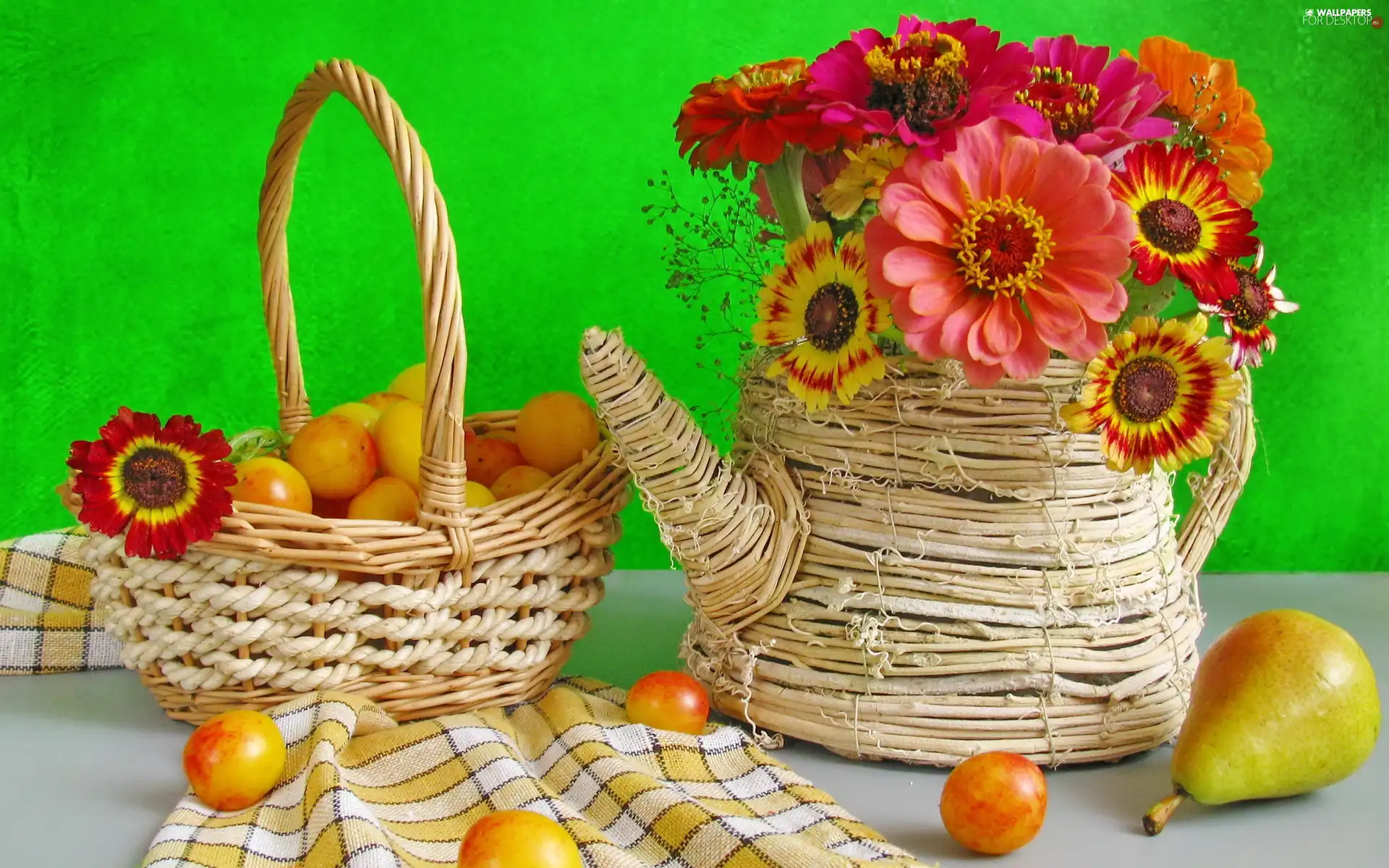 Flowers, wicker, Fruits