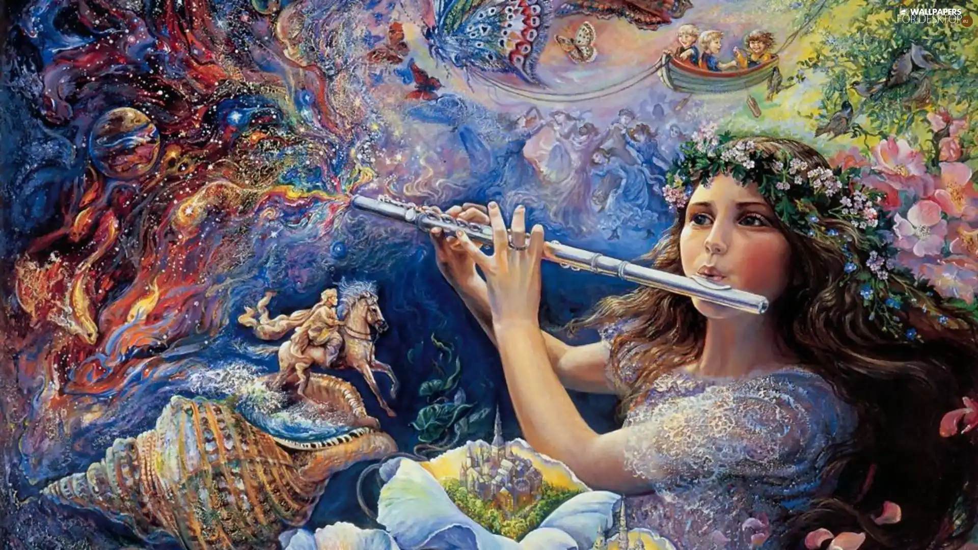 girl, shell, Flowers, flute