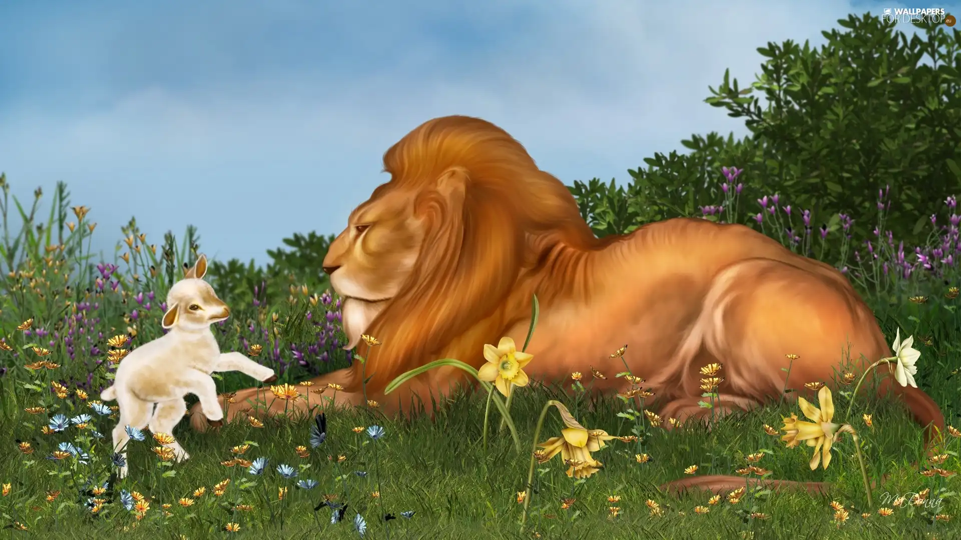 Lion, Meadow, Flowers, sheep