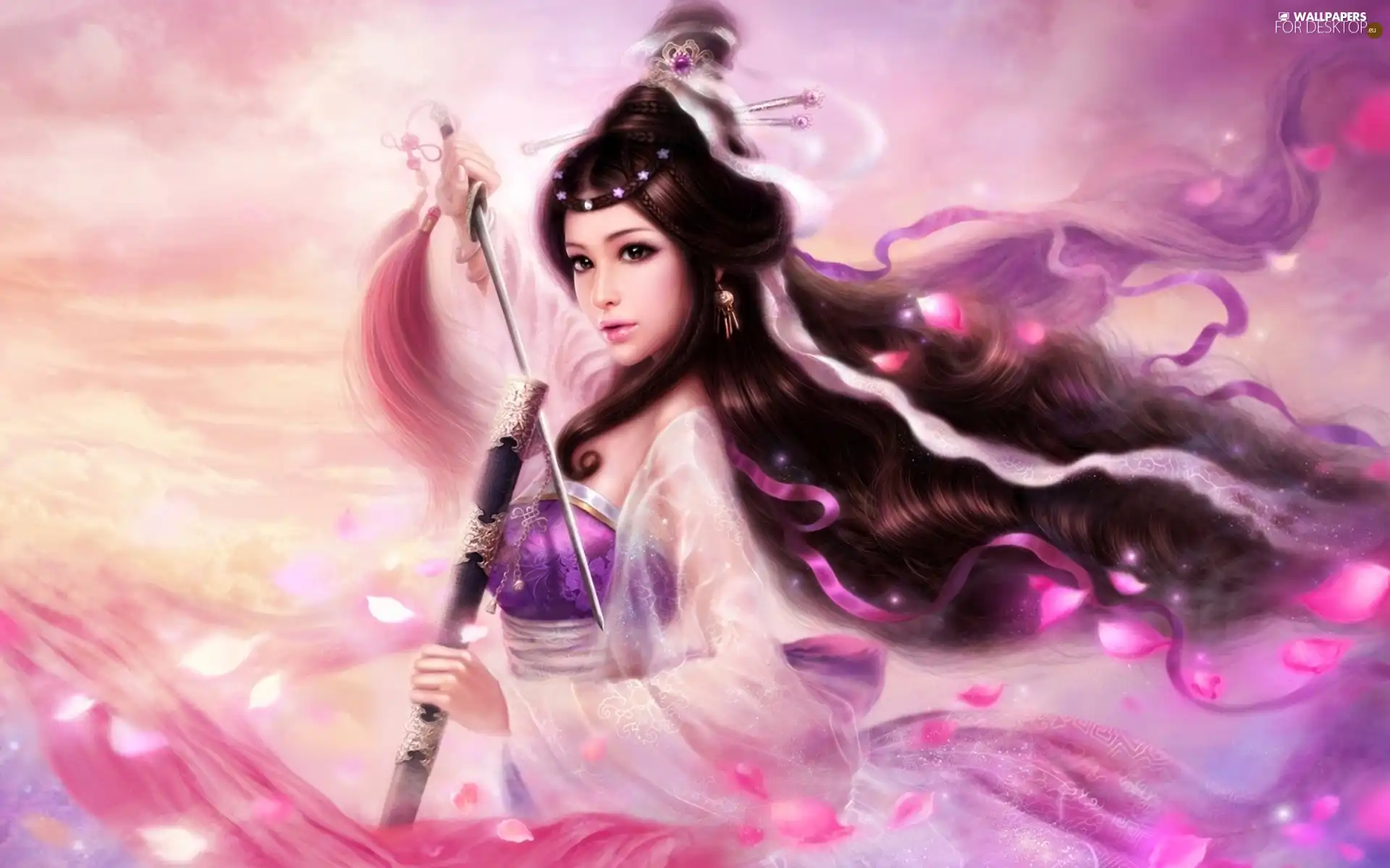 Women, flakes, flowers, sword