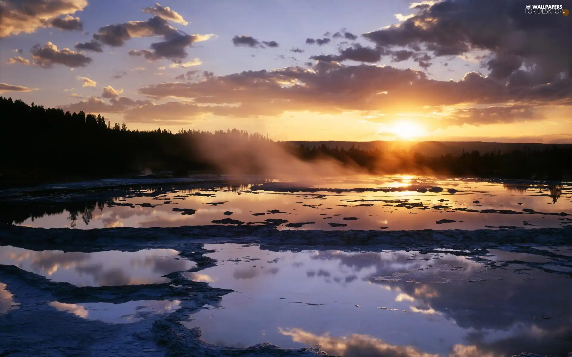 water, forest, Fog, trees, clouds, sun, west, viewes