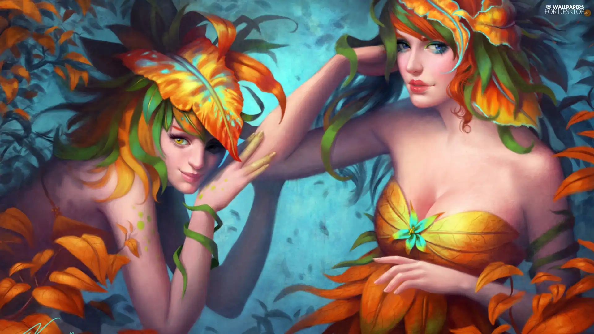 Two, Leaf, graphics, Girls