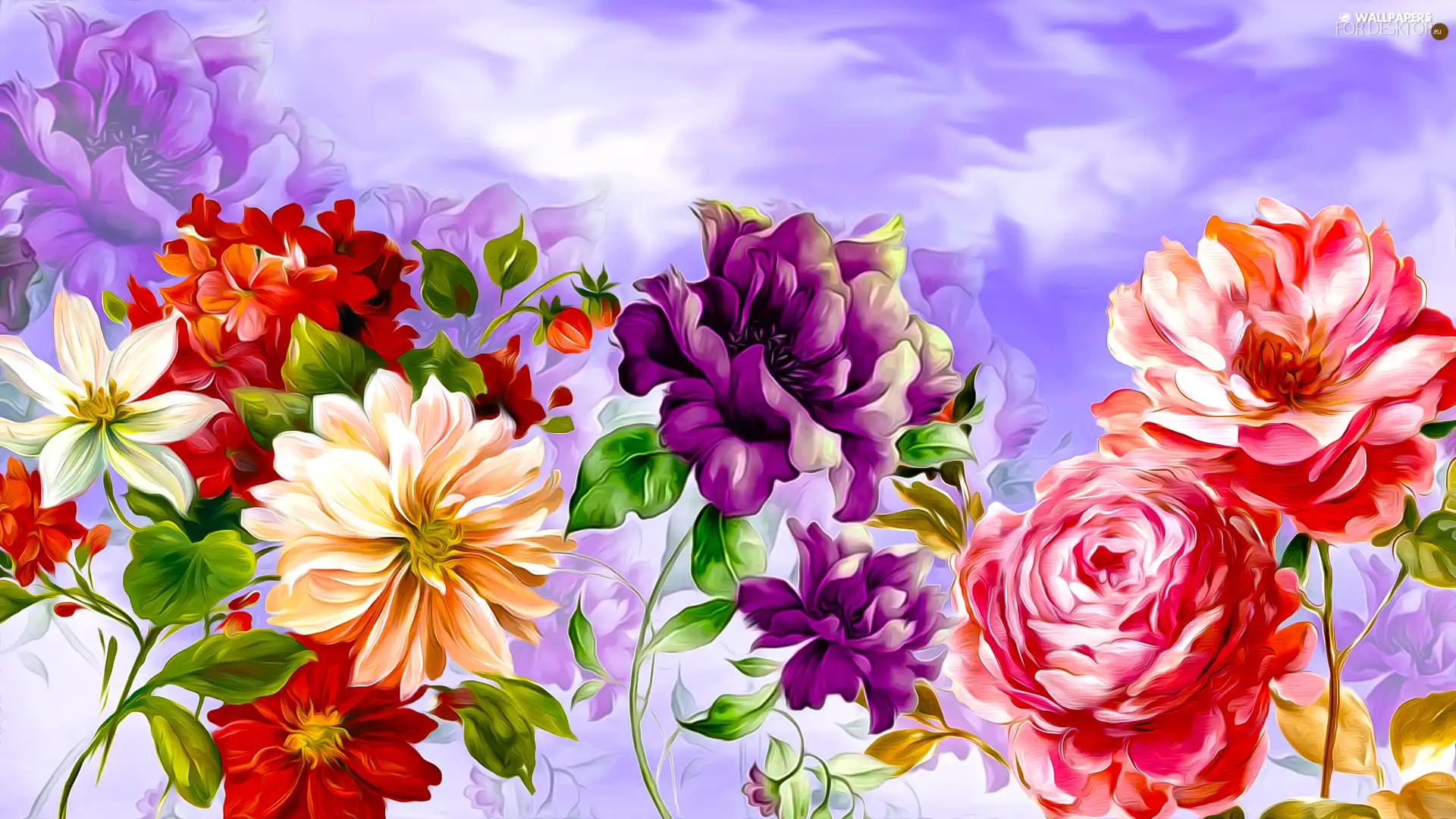 Flowers, graphics, Yellow, purple, Red - For desktop wallpapers: 1920x1080