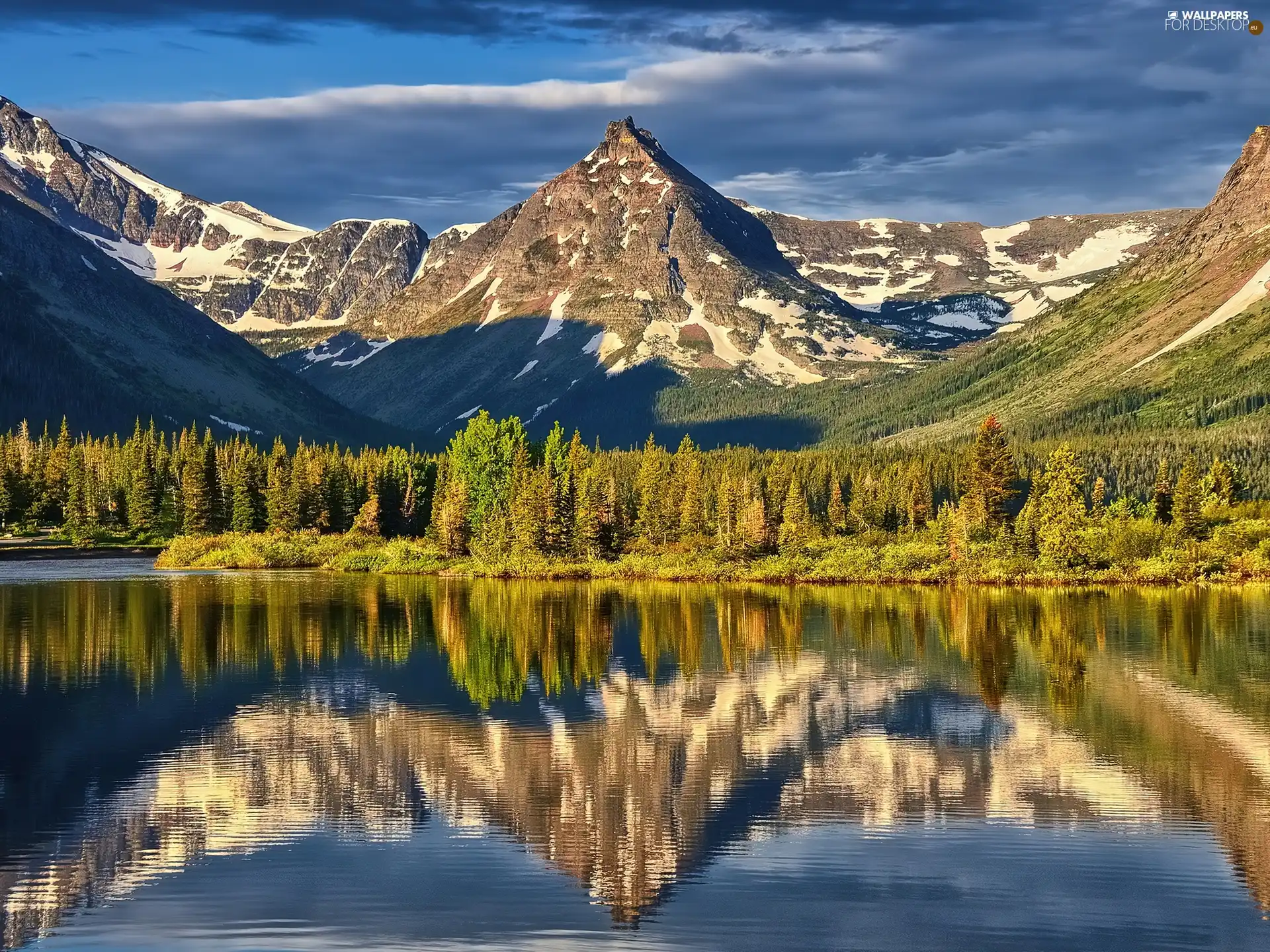 green, Mountains, water