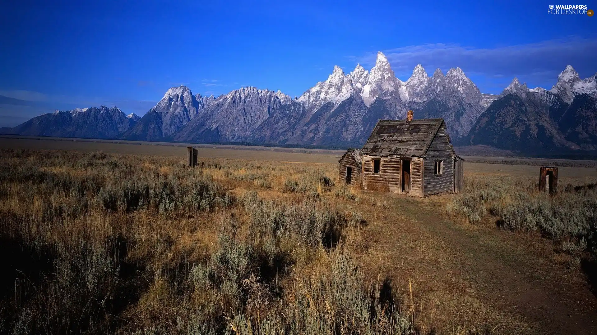 Mountains, Old car, house, rushes