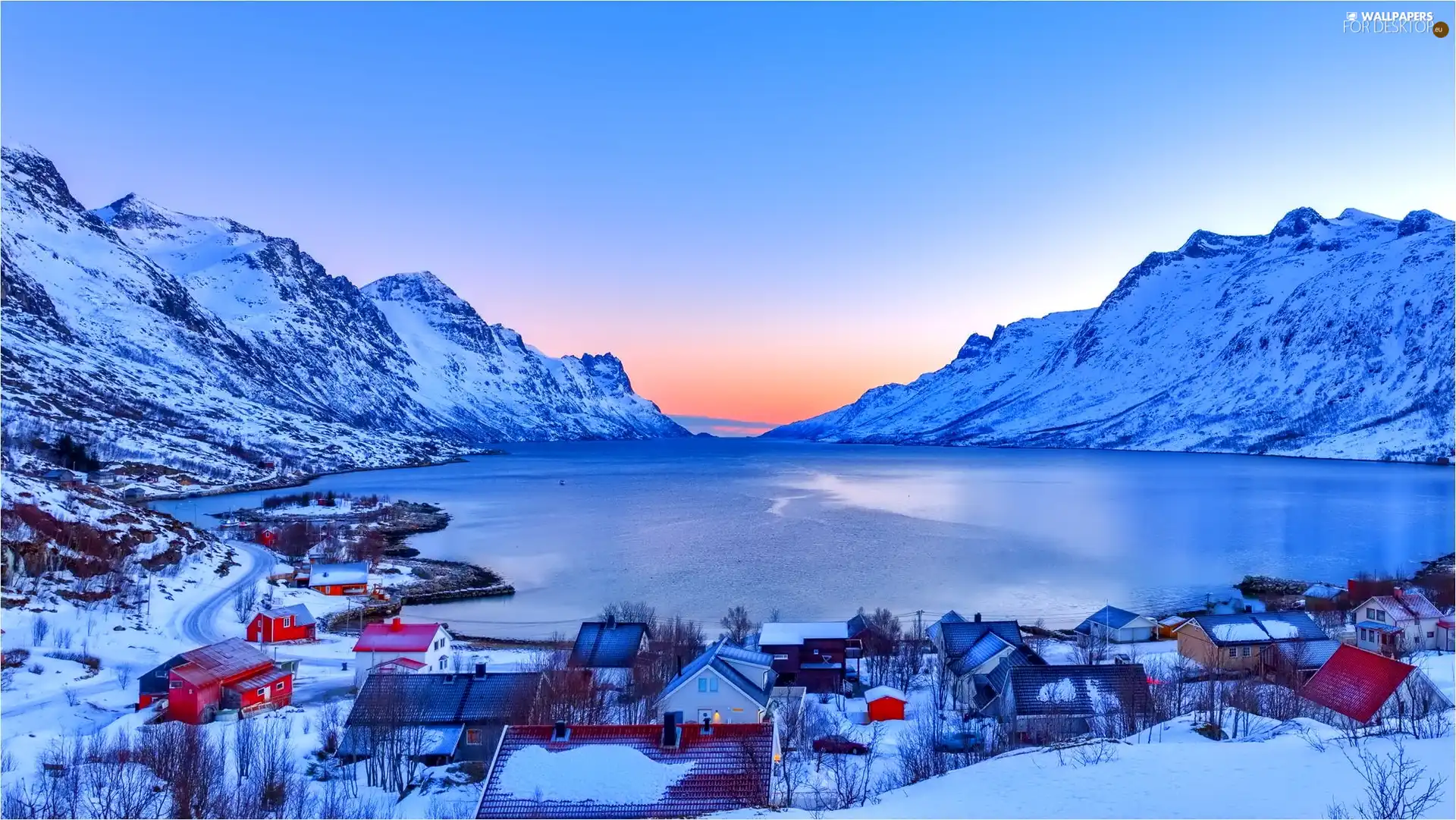 Houses, country, Mountains, Gulf, winter