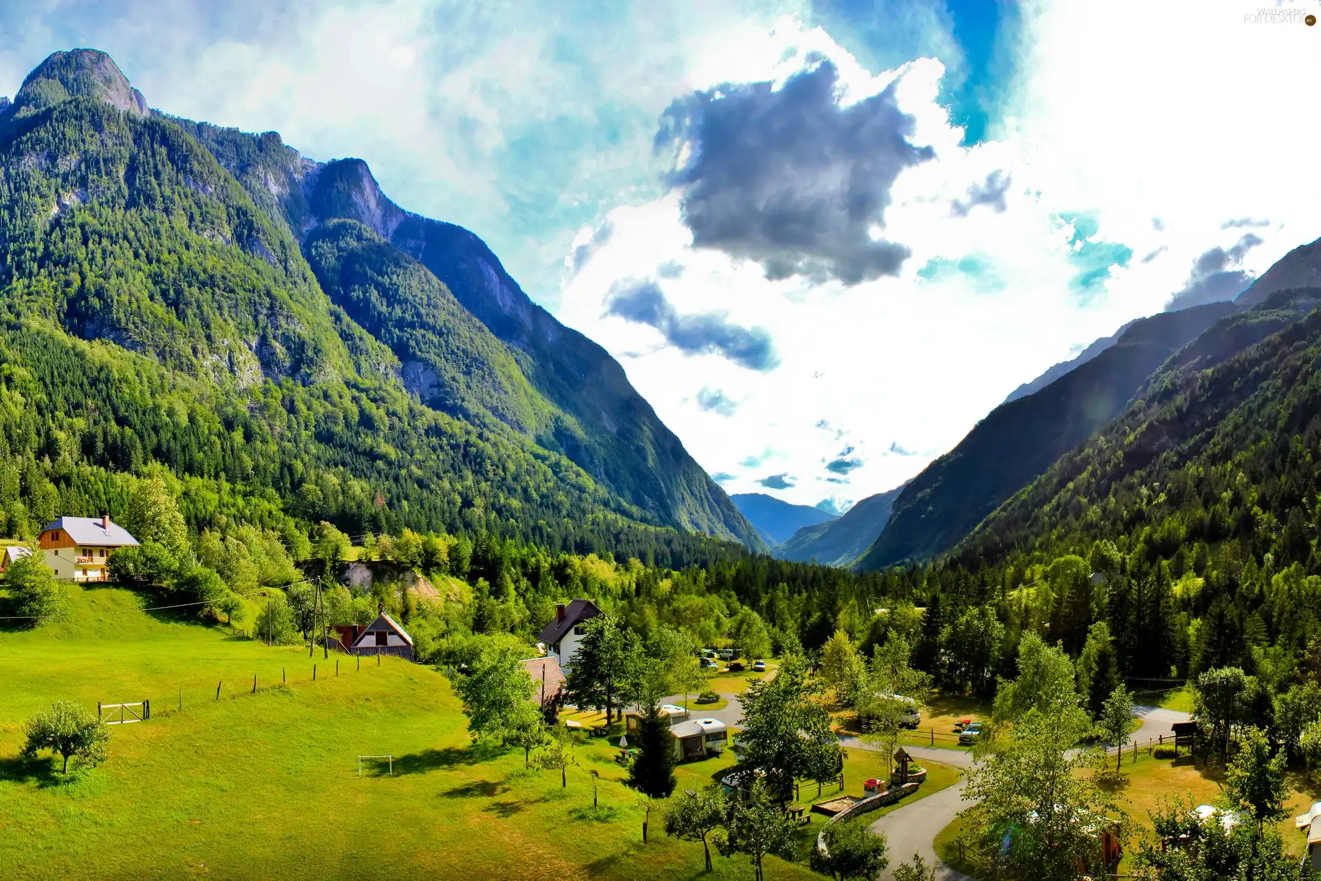 Mountains, clouds, Houses, woods