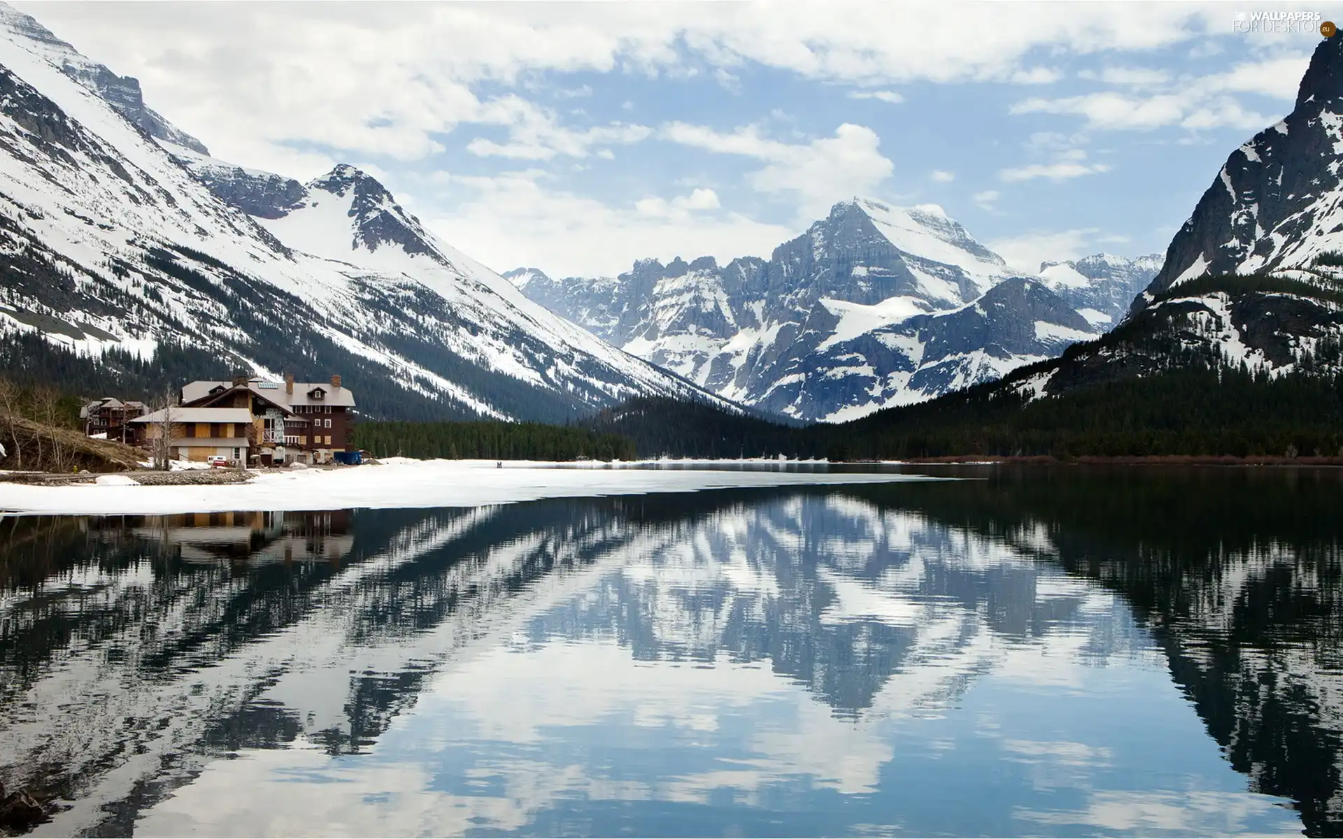 Snowy, Mountains, lake, peaks