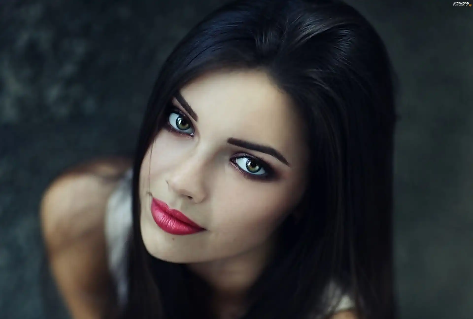 brunette, Eyes, make-up, face