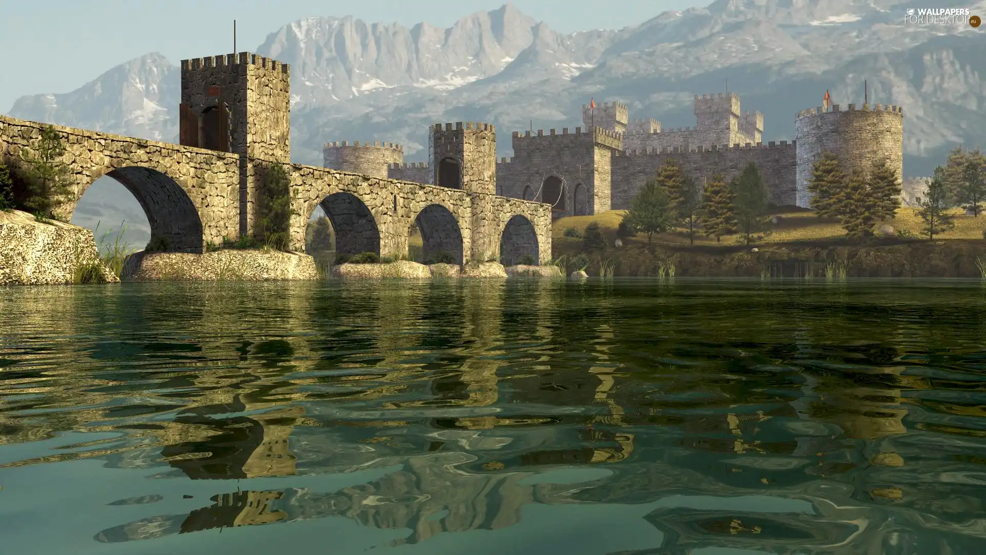 Mountains, Castle, River