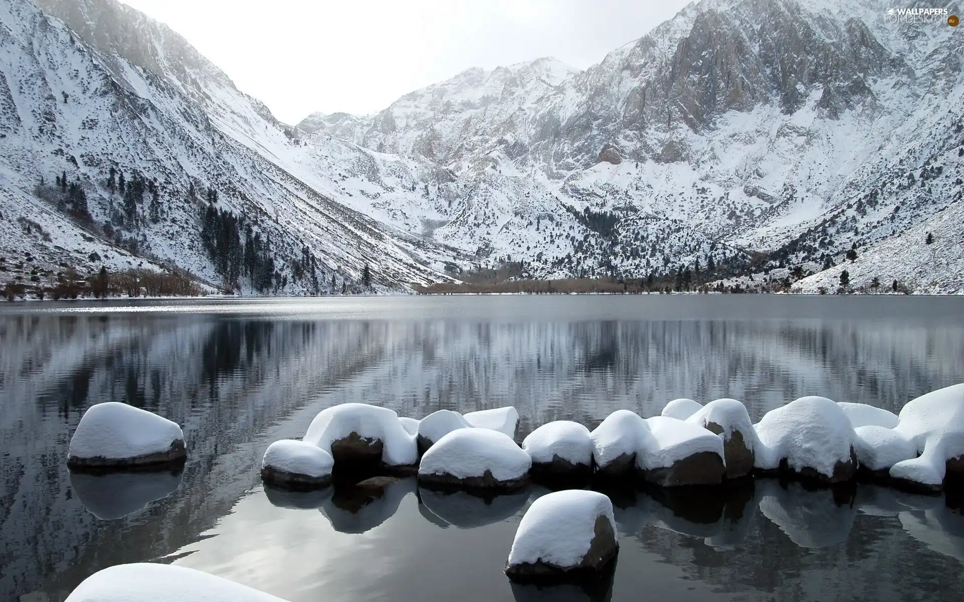 Mountains, Stones, lake, Snowy, winter