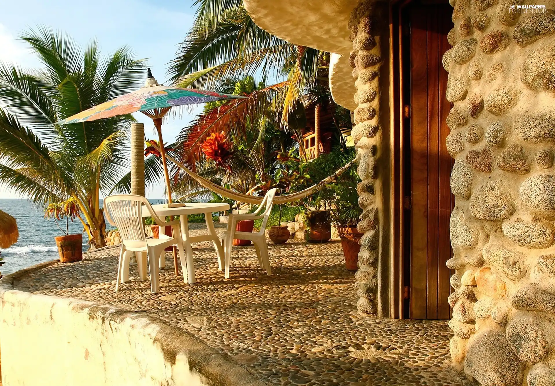 terrace, sea, Palms, View