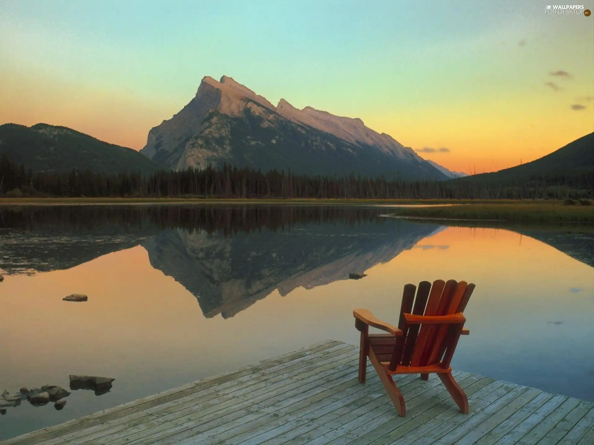 pier, Chair, west, sun, Mountains