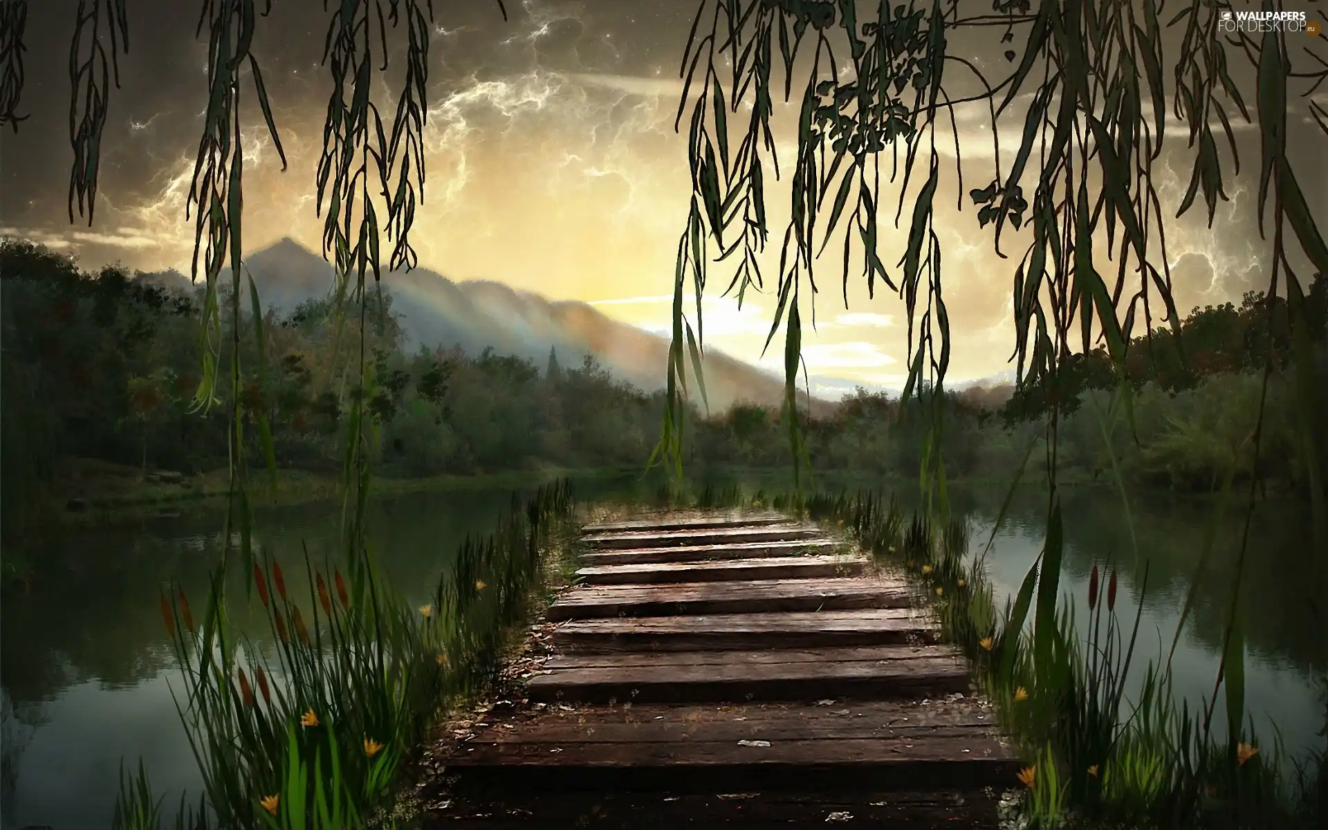 River, woods, Platform, Mountains