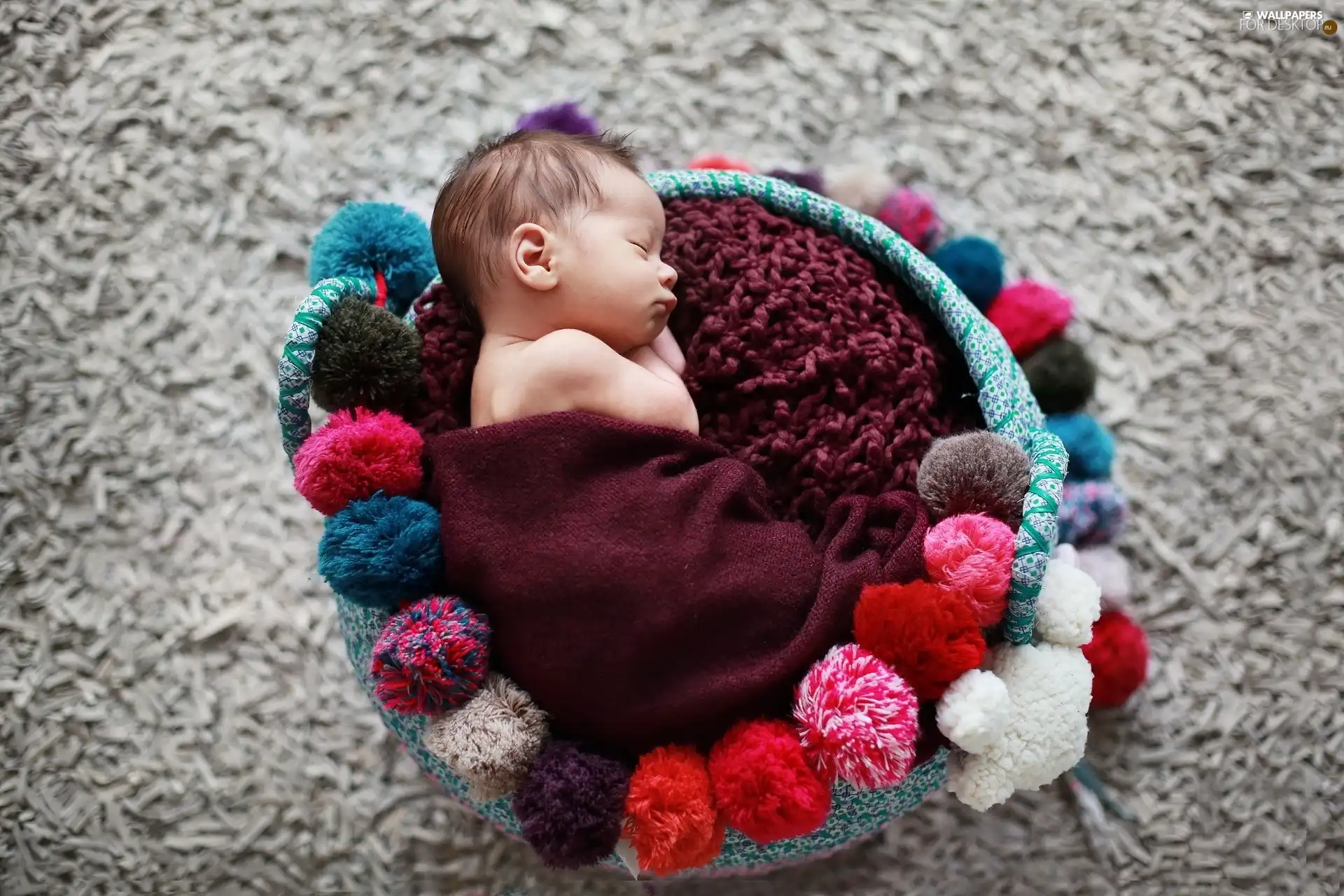 Sleeping, basket, pompons, baby