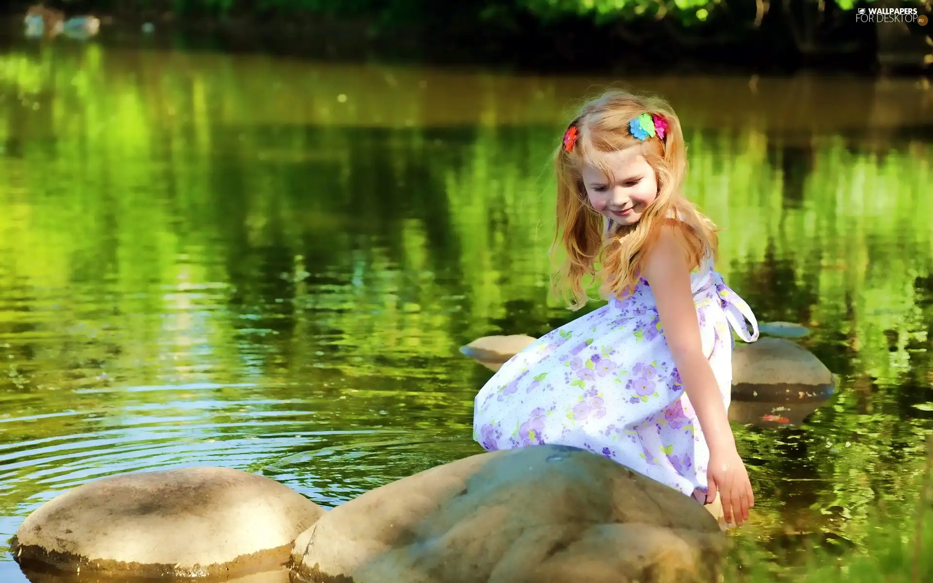 Stones, girl, Pond - car