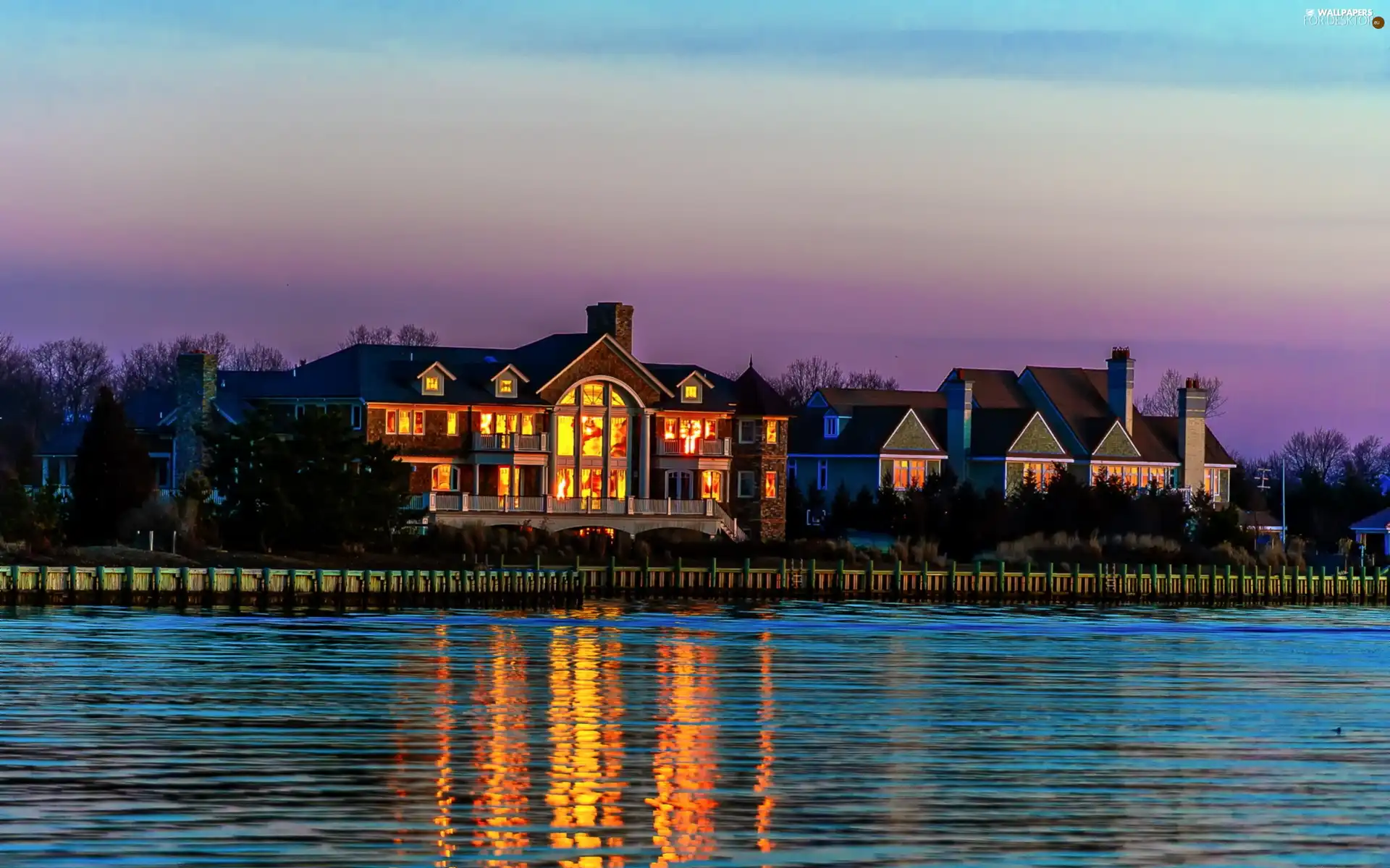 Floodlit, River, reflection, house