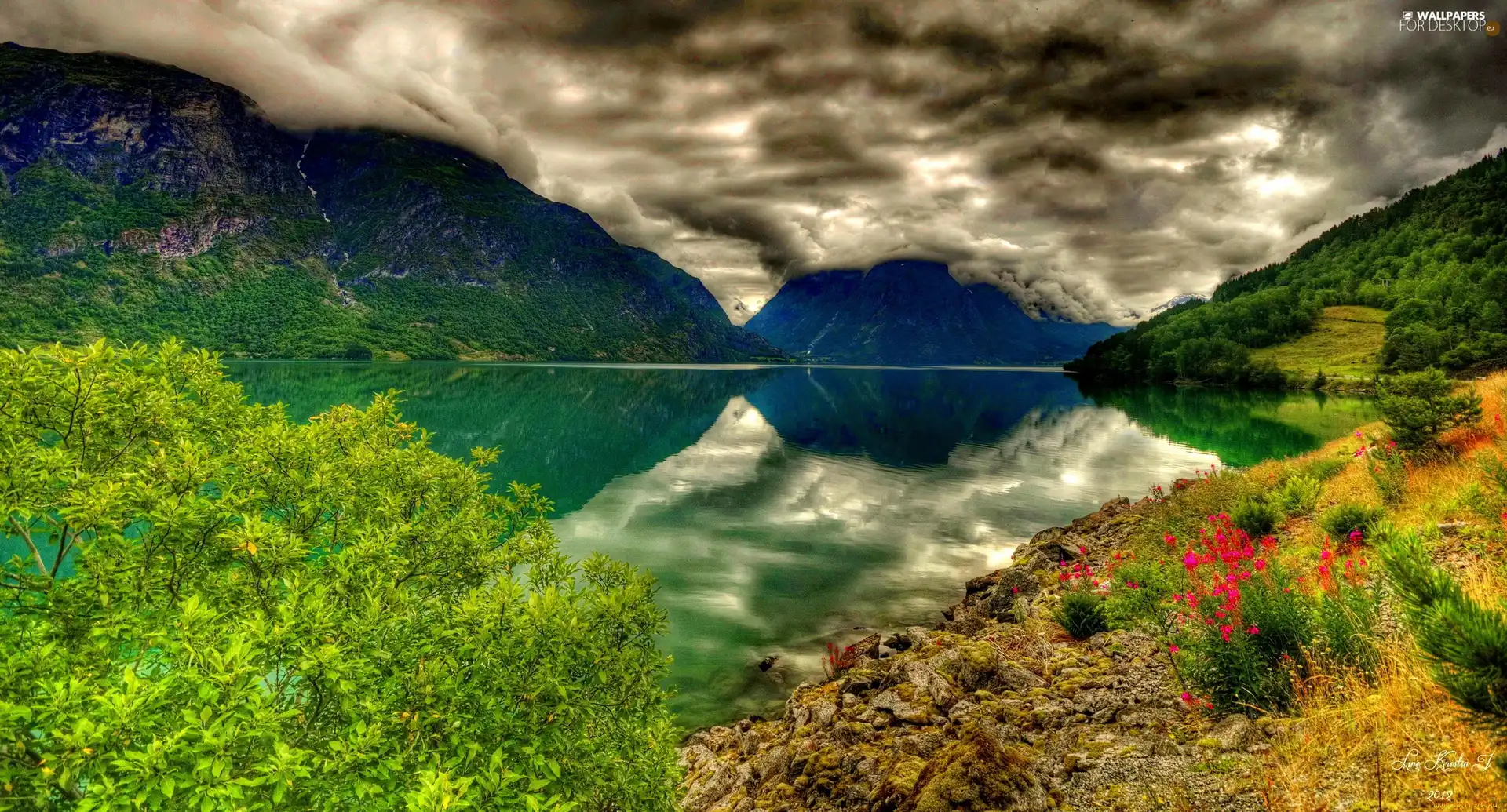 lake, clouds, reflection, Mountains