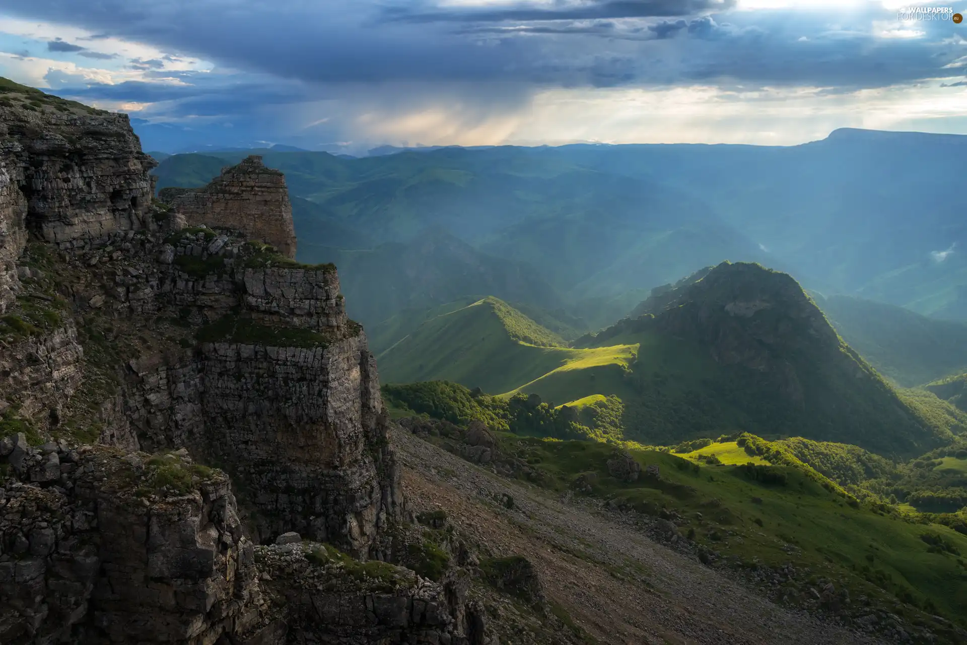 trees, Mountains, clouds, rocks, forested, viewes, Fog