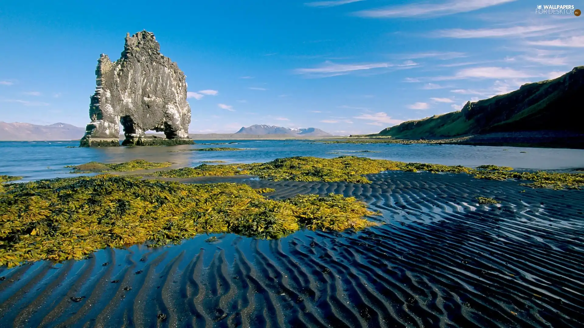 Rocks, sea, Mountains